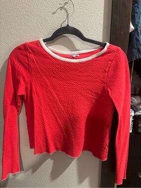 Red Long-Sleeve Crewneck Top with Cream Trim
